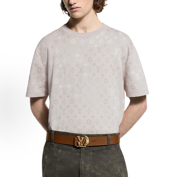 lv louis vuitton beige jacquard monogram knit short sleeve t-shirt